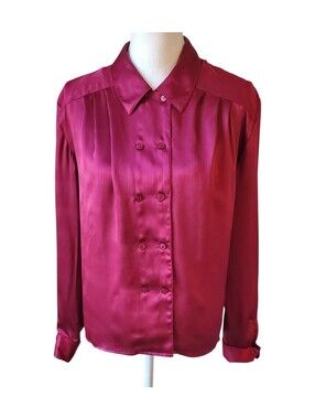 Laura Henson Burgundy Satin Double-Breasted Blouse Vintage Long Sleeve Size 12